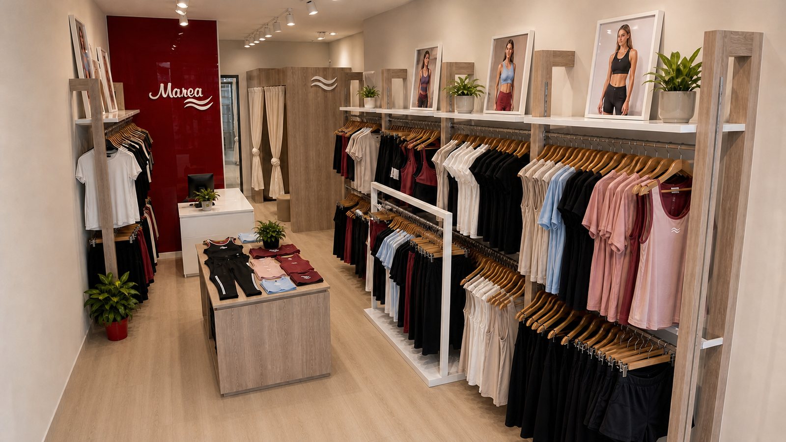 Exhibición completa de indumentaria deportiva en un local Marea con piso de PVC símil madera