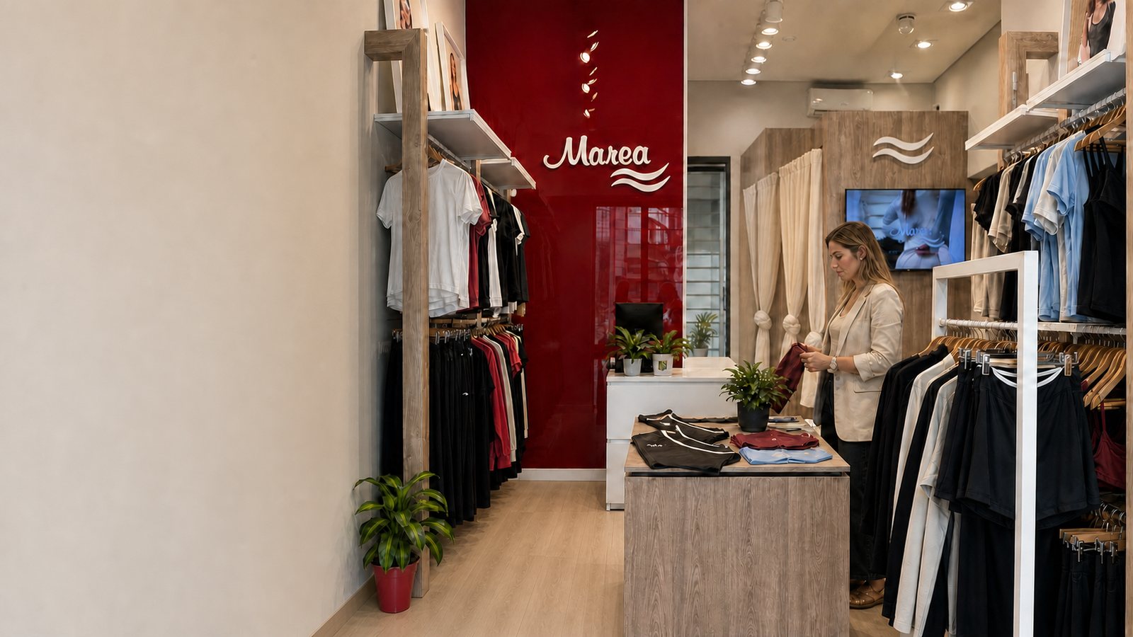 Emprendedora preparando la exhibición de un local Marea con piso de PVC símil madera, mobiliario claro y pared roja